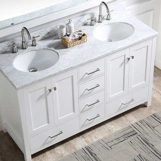 60" Double Bathroom Vanity, Carrera Marble Top W/ Ceramic Sink, White - Bed Bath & Beyond - 35724498